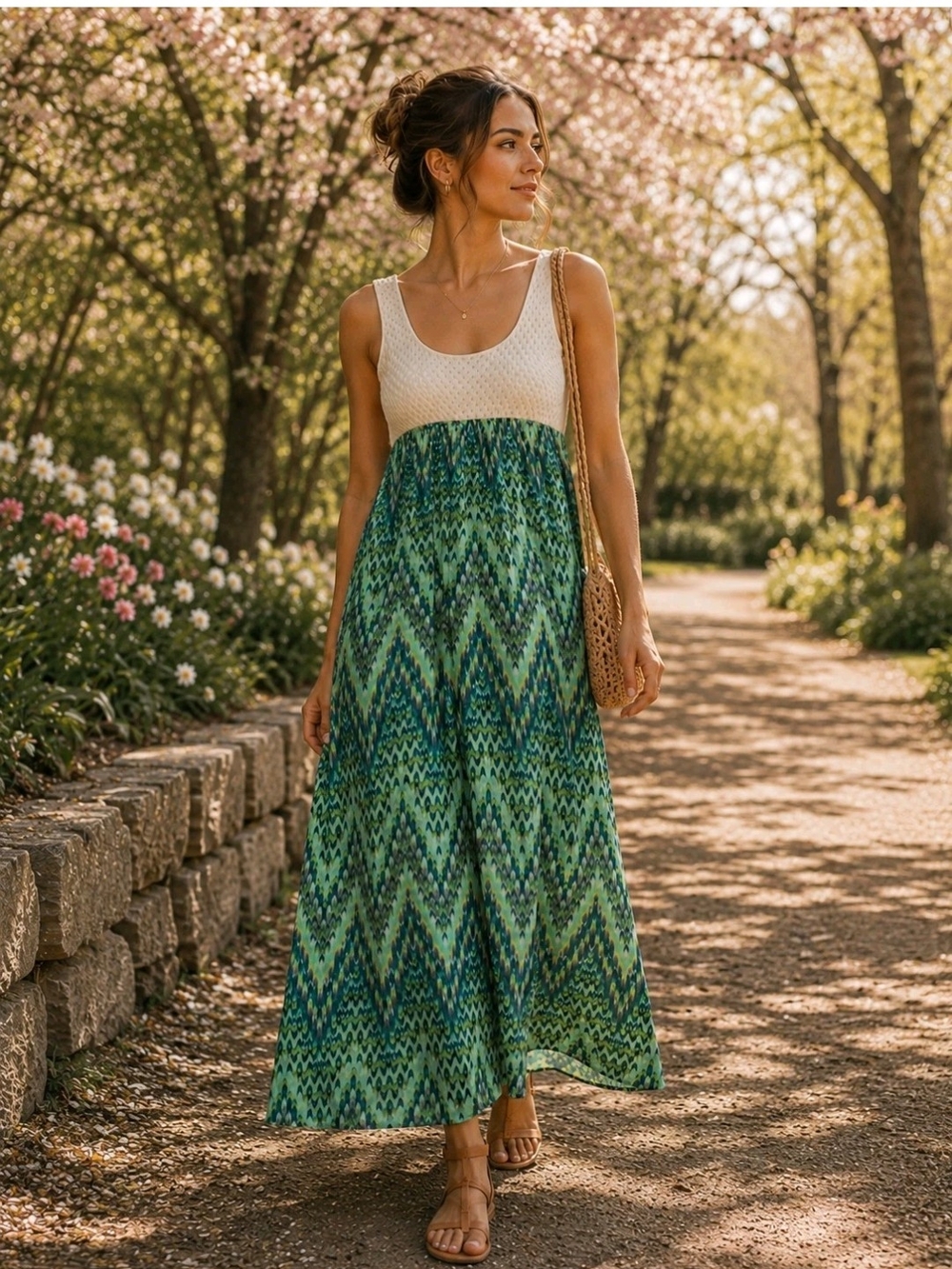 Lily Rose Women’s M Maxi Dress Round Neck Sleeveless Straps Chevron Green